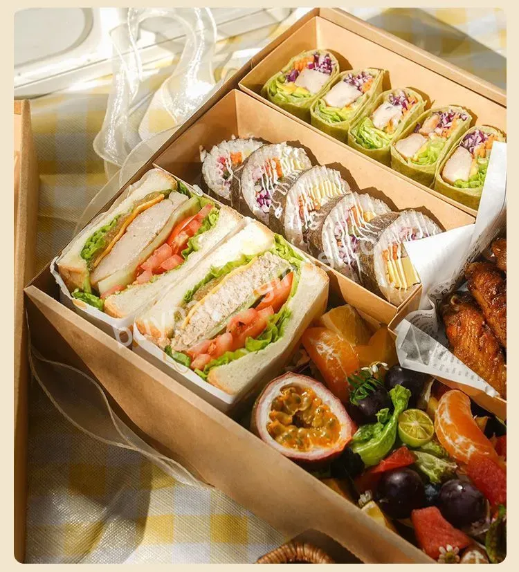 Wholesale Afternoon Tea Picnic Spring Outing Camping Packing Lunch Box Dessert Cake Box Light Food Kraft Paper Box