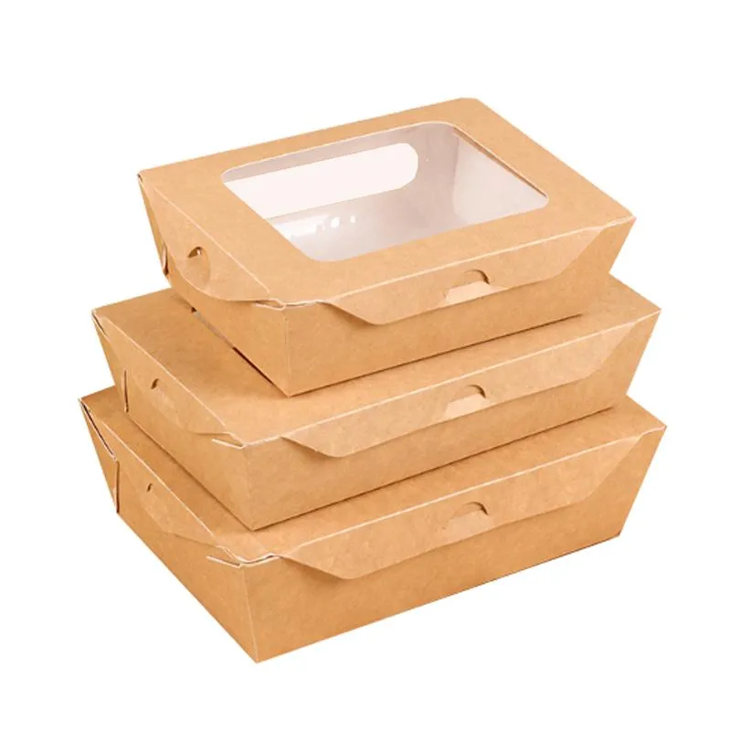 Wholesale Biodegradable Sushi Fruit Vegetable Salad Kids Meal Takeaway Lunch Food Packaging Kraft Paper Box With Two Windows