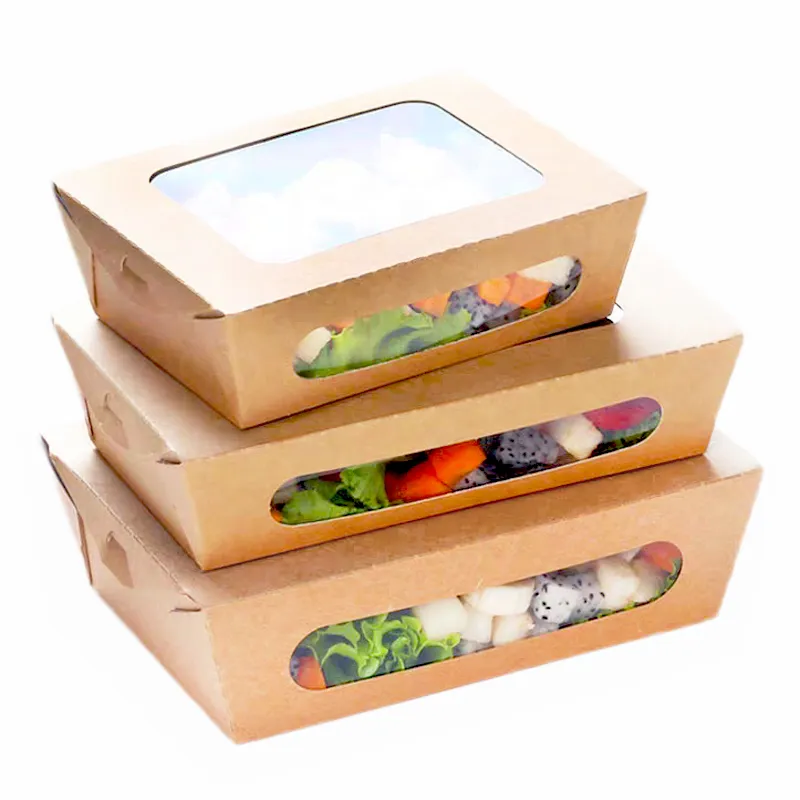 Wholesale Biodegradable Sushi Fruit Vegetable Salad Kids Meal Takeaway Lunch Food Packaging Kraft Paper Box With Two Windows