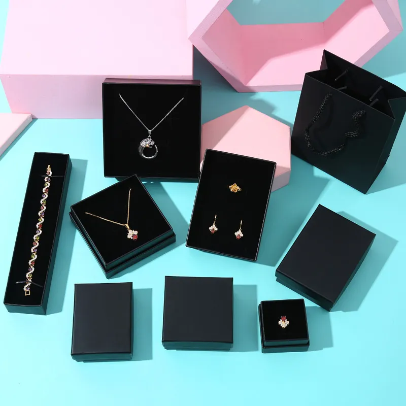 Wholesale Cheap Black Matte Collectible Gift Ring Earing Jewelry Packaging Box Cardboard Flip Top Jewellery Box