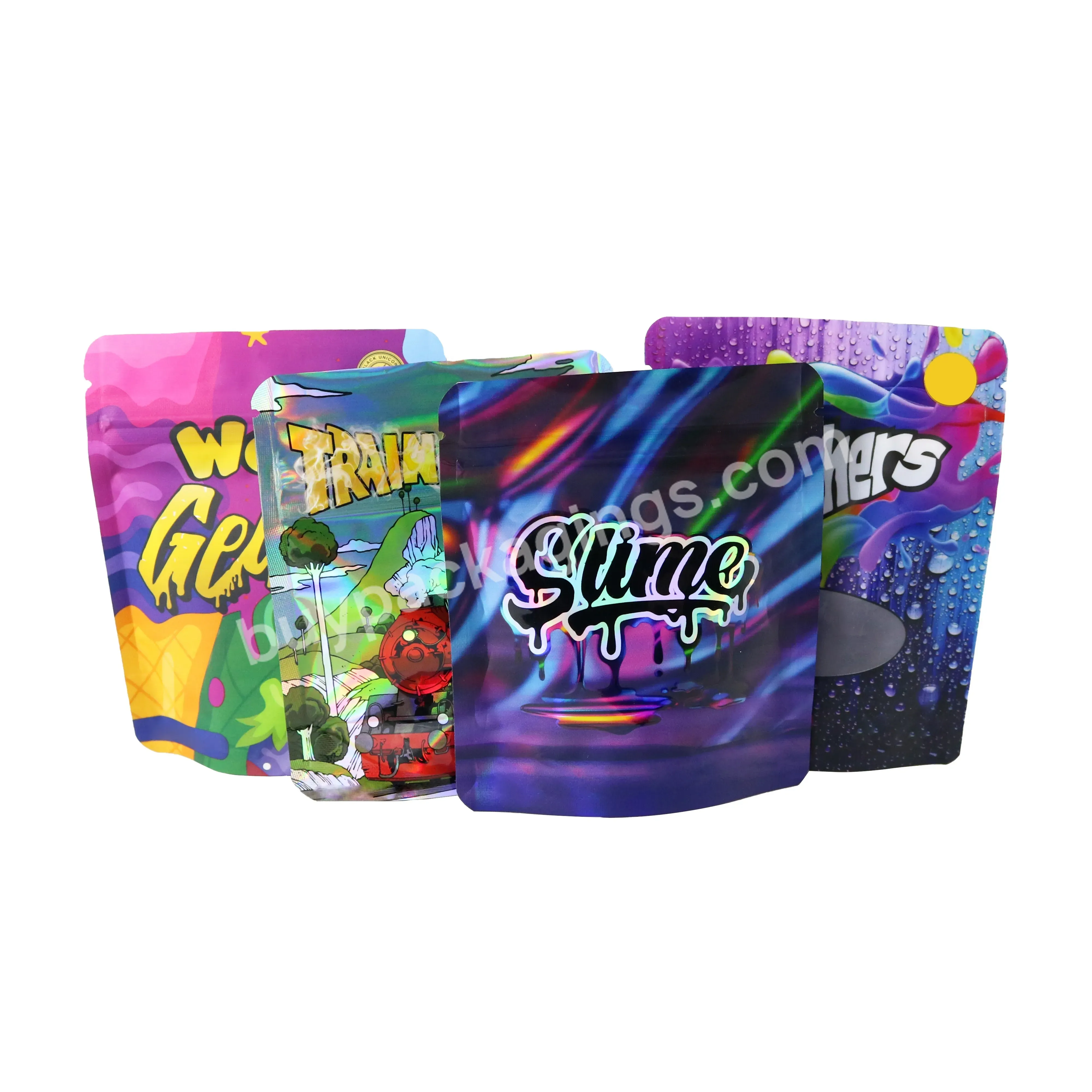Wholesale China Factory Holographic Ziplock Food Plastic Biodegradable Packaging Bag 3.5g Custom Stand Up Pouch Bag