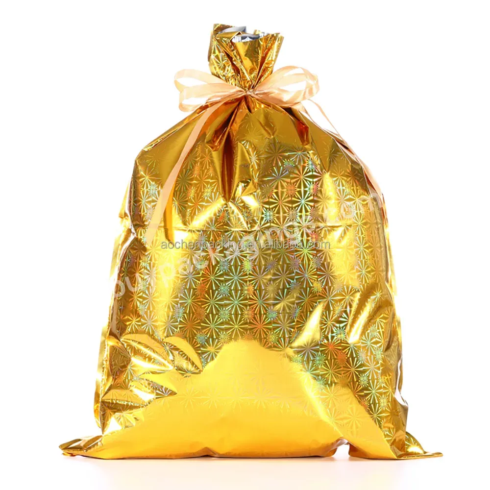 Wholesale Christmas Festival Decor Golden Santa Sacks Drawstring Holographic Gift Packaging Bag