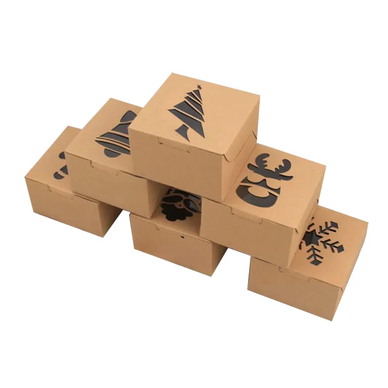Wholesale christmas festival party brown kraft paper eco box with pvc window packaging chocolate biscuit cake candy gift boxes
