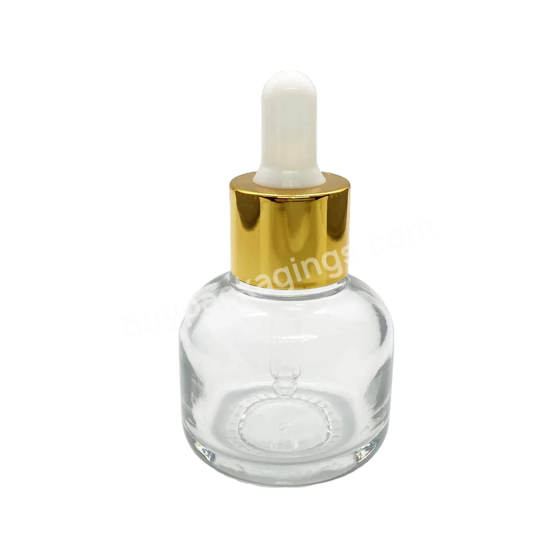 Wholesale Clear Transparent Glass Bottle 30ml Flat Round Glass Dropper Essential Oil Bottle With Gold Dropper