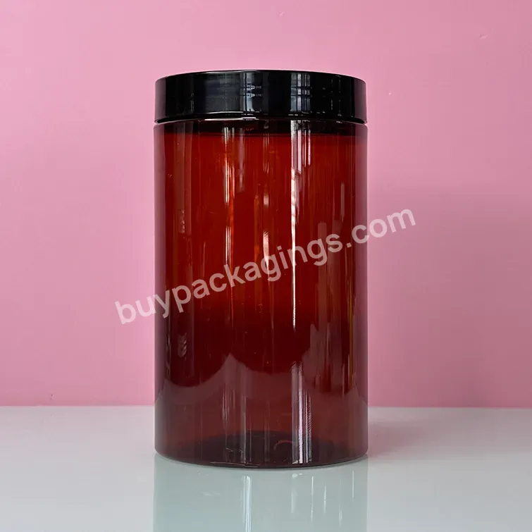 Wholesale Cosmetic Food Packaging 1000ml 500ml 300ml Amber Pet Plastic Cosmetic Cream Jar With Black Lid