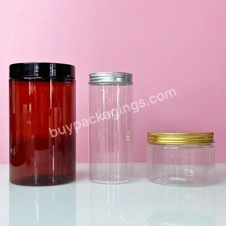 Wholesale Cosmetic Food Packaging 1000ml 500ml 300ml Amber Pet Plastic Cosmetic Cream Jar With Black Lid