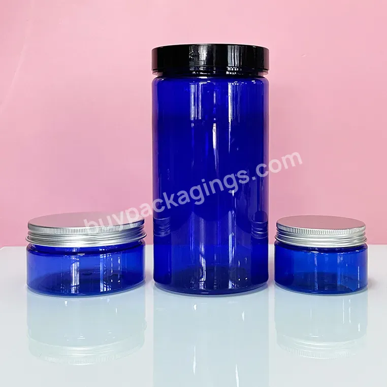 Wholesale Cosmetic Food Packaging 100ml 150ml 200ml 250ml 300ml Blue Pet Plastic Cosmetic Cream Jar With Silver Lid