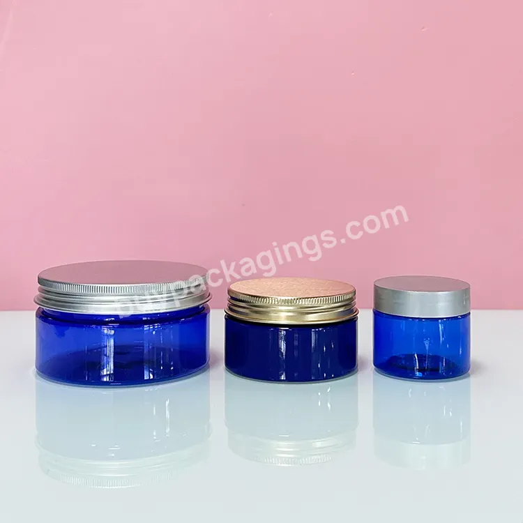 Wholesale Cosmetic Food Packaging 100ml 150ml 200ml 250ml 300ml Blue Pet Plastic Cosmetic Cream Jar With Silver Lid