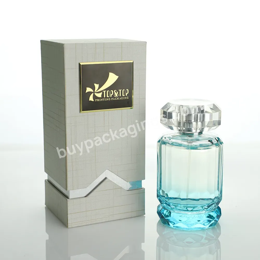 Wholesale Custom Design Gradient Blue Round Glass Luxury Perfume Acrylic Cap Empty Spray Pump Bottle With Package Box