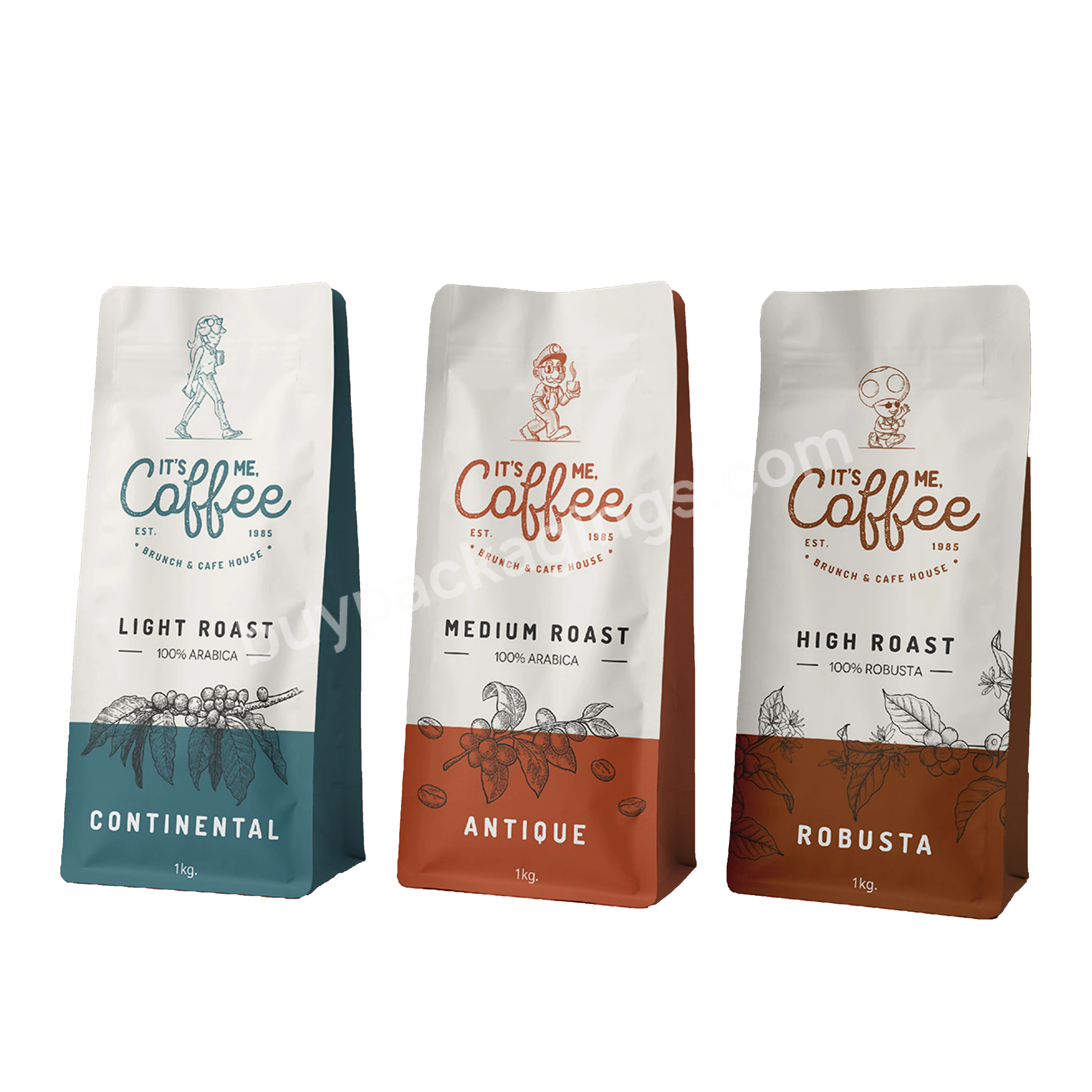 Wholesale Custom Design Print 1 Kg Coffee Bag With Valve Flat Bottom Packaging Pouch Bags Coffee Blank Ziplock Coffee Brew Bag