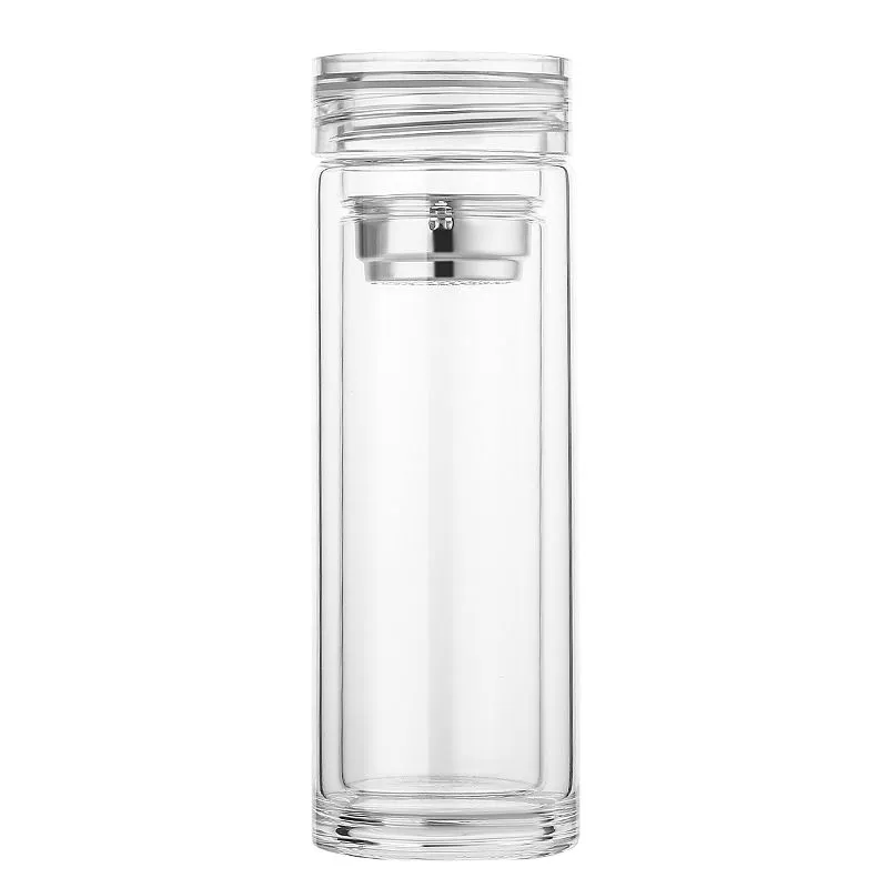 Wholesale Custom Logo 328ML 338ML 395ML Double Wall Tea Maker Water Bottle Glass With GlassPlastic Cap