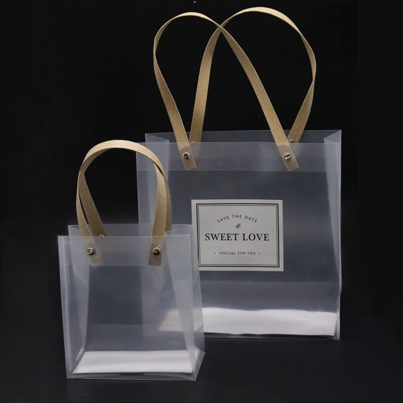 Wholesale Custom LOGO Christmas PP Handbag Printing Drink Beverage Gift Package Clear Waterproof Transparent Shopping Bag