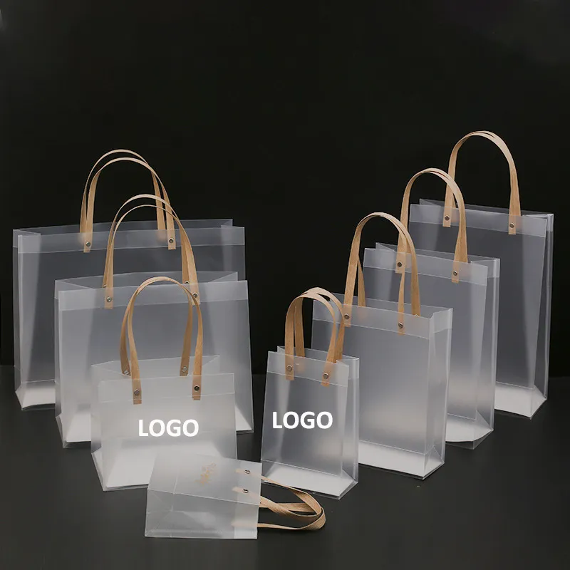 Wholesale Custom LOGO Christmas PP Handbag Printing Drink Beverage Gift Package Clear Waterproof Transparent Shopping Bag