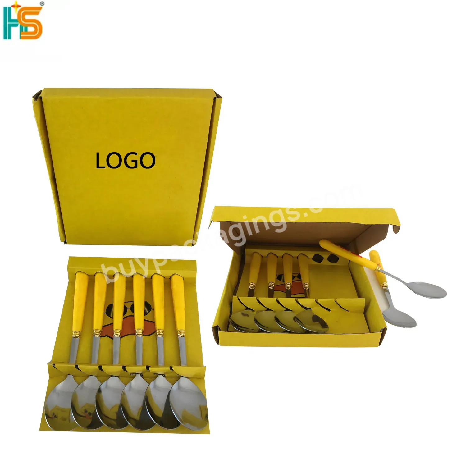 Wholesale Custom Logo Shipping Yellow Corrugated Christmas Tea Coffee Spoon Boxes Fork Knife Spoon Set Packaging Box