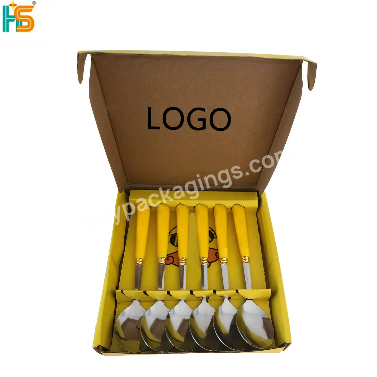Wholesale Custom Logo Shipping Yellow Corrugated Christmas Tea Coffee Spoon Boxes Fork Knife Spoon Set Packaging Box