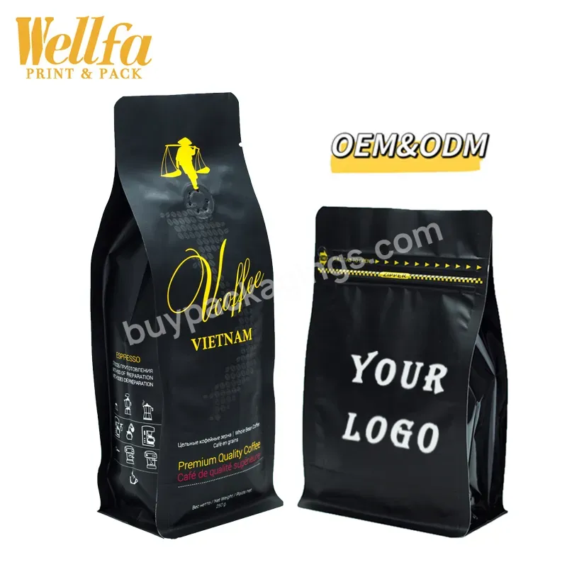 Wholesale Custom Logo Size 8oz 12oz 16oz Black Block Matte Plastic Flat Bottom Pouch Tea Roasted Coffee Beans Bag With Valve
