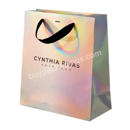 Wholesale Custom Luxury Printing Logo Hologram Holographic Shiny Lamination Gift Packing Paper Bag With Ribbon Handle