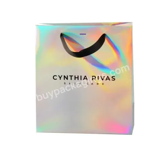 Wholesale Custom Luxury Printing Logo Hologram Holographic Shiny Lamination Gift Packing Paper Bag With Ribbon Handle