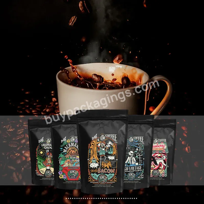 Wholesale Custom Printed Matte Black Plastic Stand Up Pouch Ziplock Coffee Tea Bags Packaging With Valve