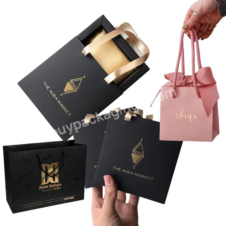 Wholesale Custom Printed On Own Logo Clothing Black High Glossy Laminated Sliding Draw Gift Paper Bags For Cosmetic Shopping