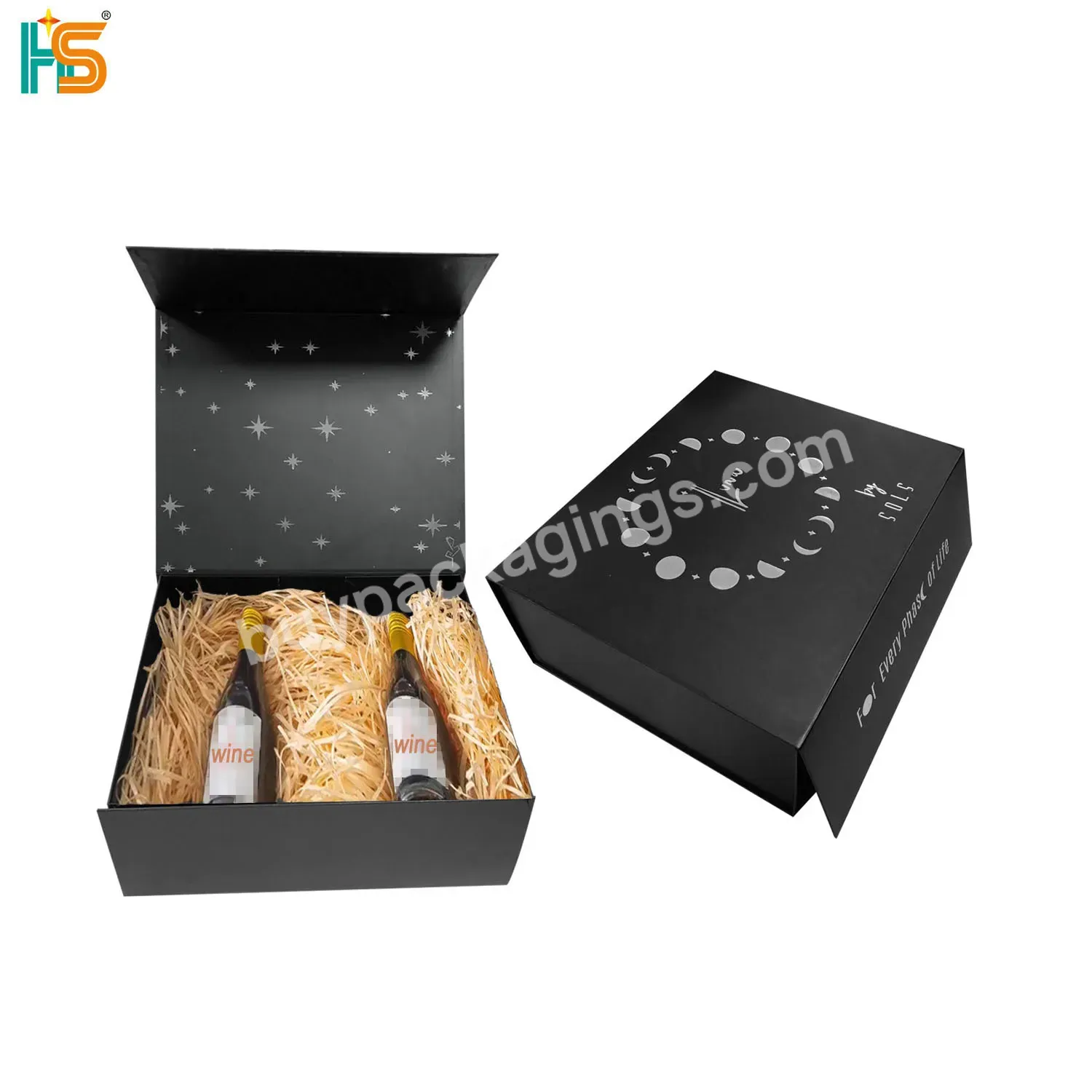 Wholesale Custom Shiny Silver Logo Box Packaging Luxury Black Cardboard Red Wine Bottle Foldable Magnetic Wine Gift Box