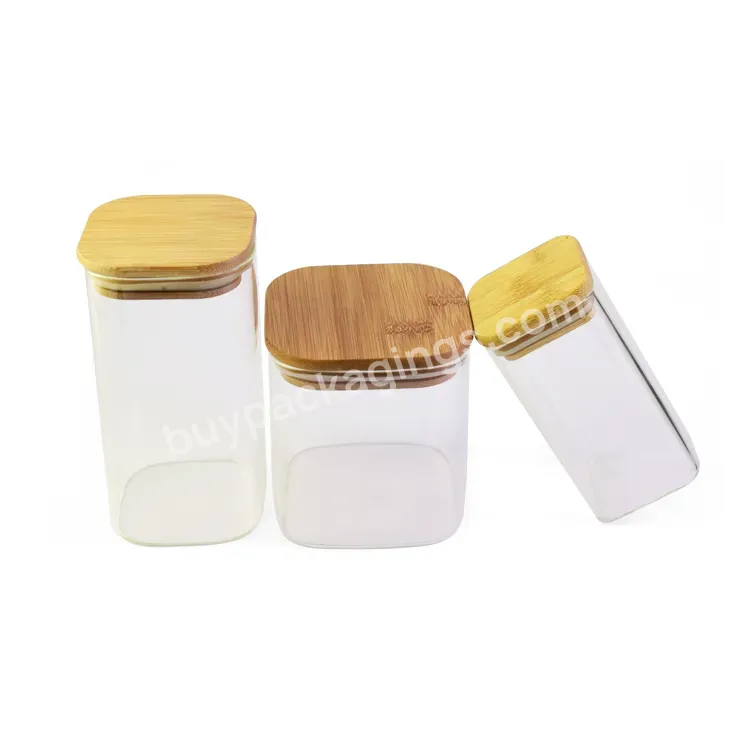 Wholesale Custom Square Transport Borosilicate Spice Glass Jar With Airtight Bamboo Lid