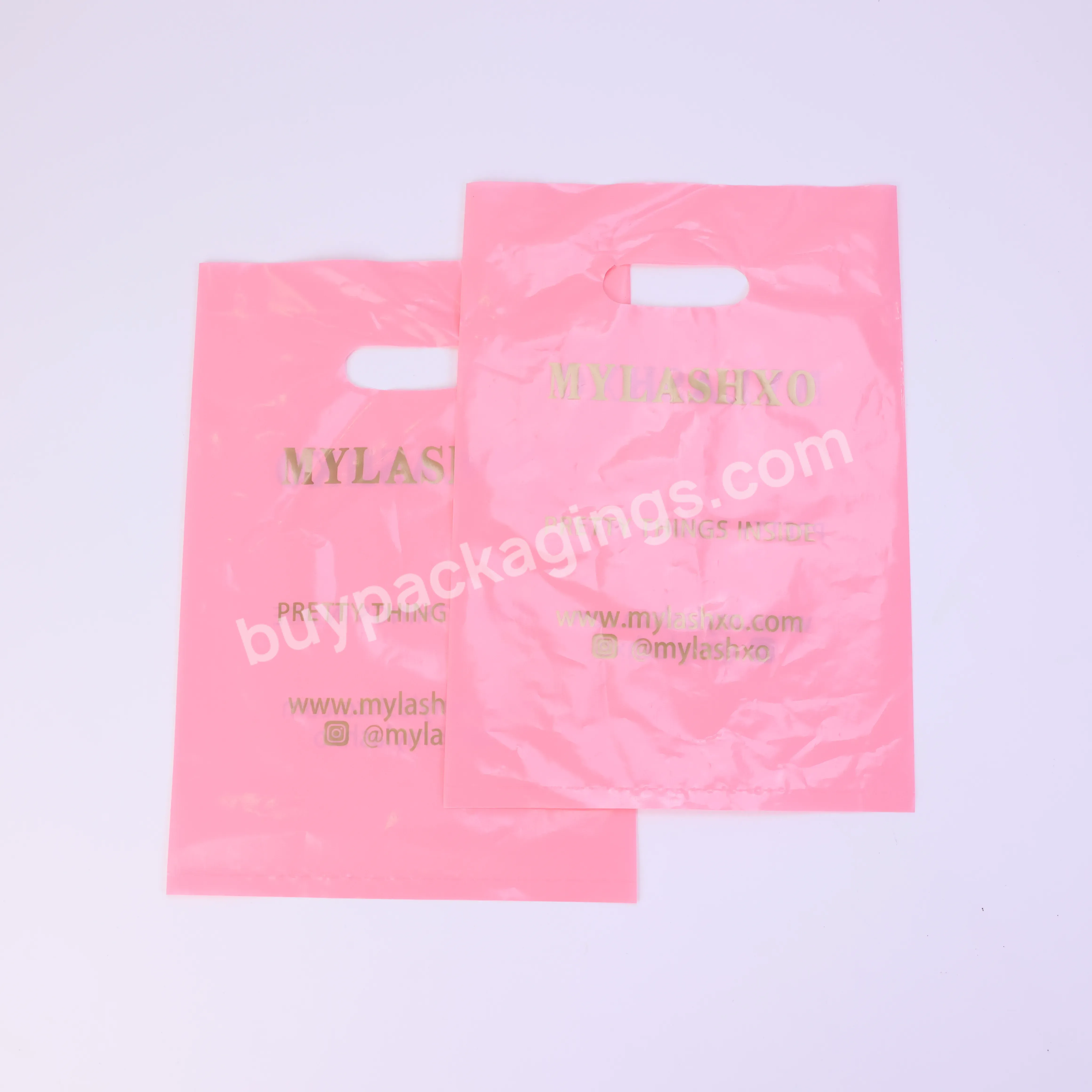 Wholesale Customized Gold Logo Ldpe Handle Small Plastic Pink Shopping Bag For Socks