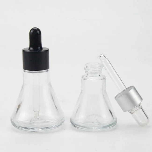 Wholesale Customized Logo  30ml Transparent Various Cover Glass Material Conical Bottle Essential Oil Bottle With Dropper