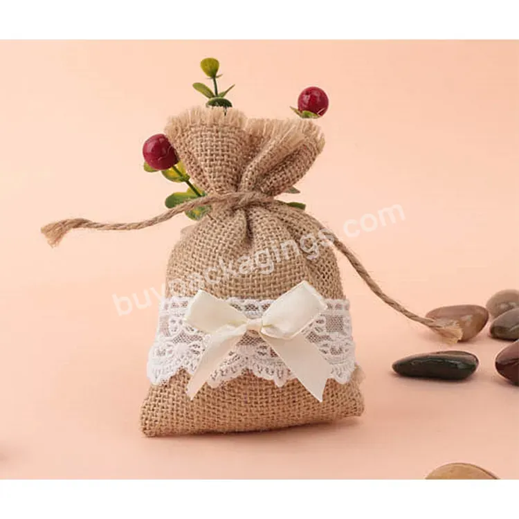 Wholesale Customized Small Drawstring Pouches Jute Gunny Wedding Favor Decoration Souvenir Candy Sack Burlap Lace Bag