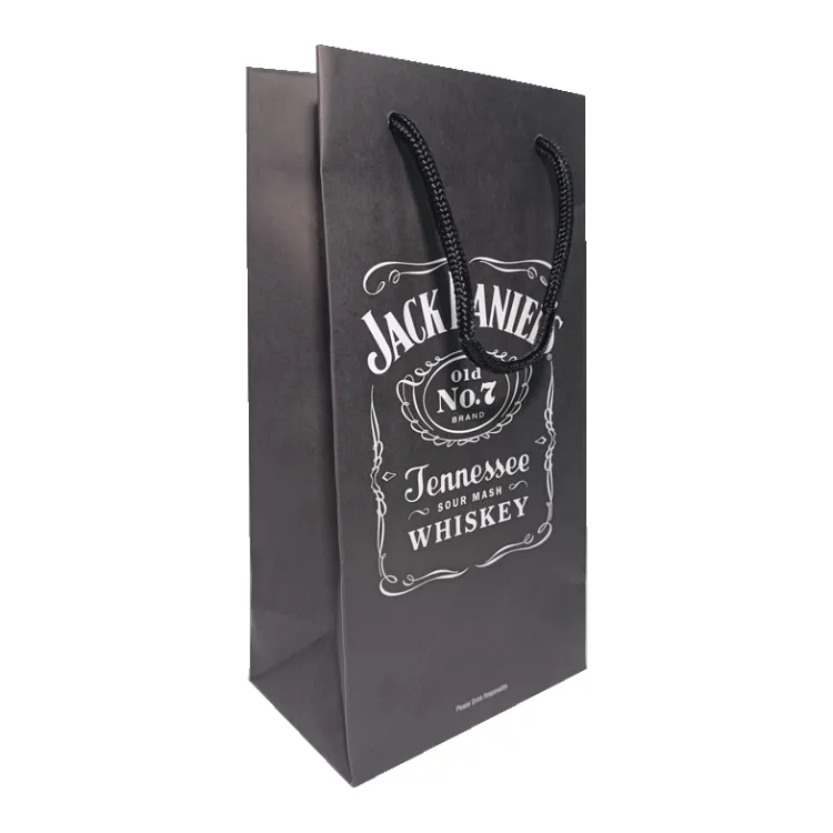 Wholesale durable custom white logo printing black paper wine bags with handle