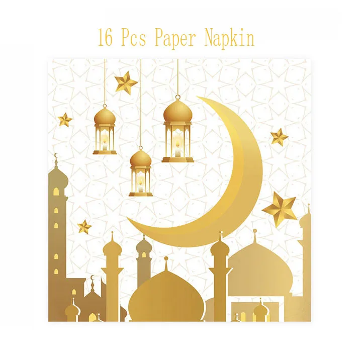 wholesale  Eid Mubarak Disposable White Tableware set Paper Muslim Holiday Ramadan Table Napkin Party Supplies