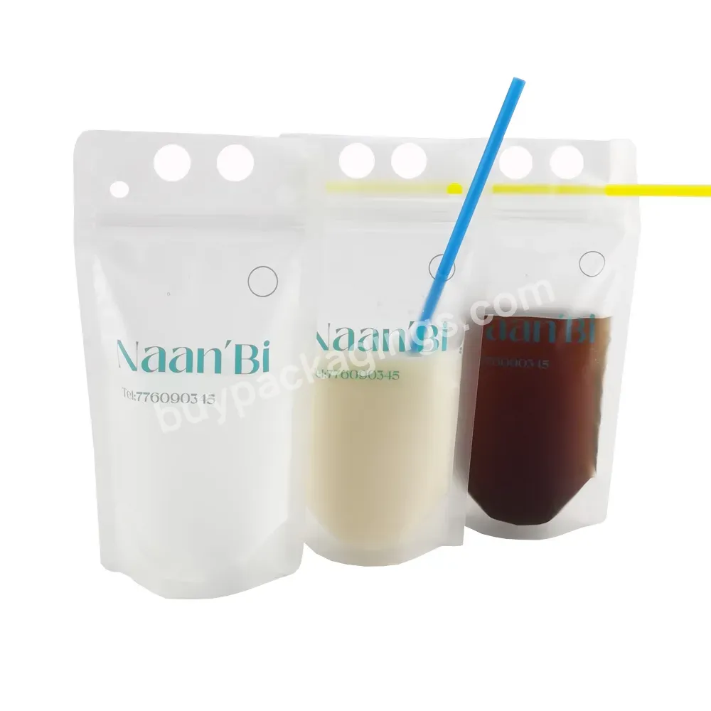 Wholesale Food Grade Custom Logo Matte Frosted Reusable Zipper Plastic Stand Up Pouch Juice Drink Bags With Straw Hole