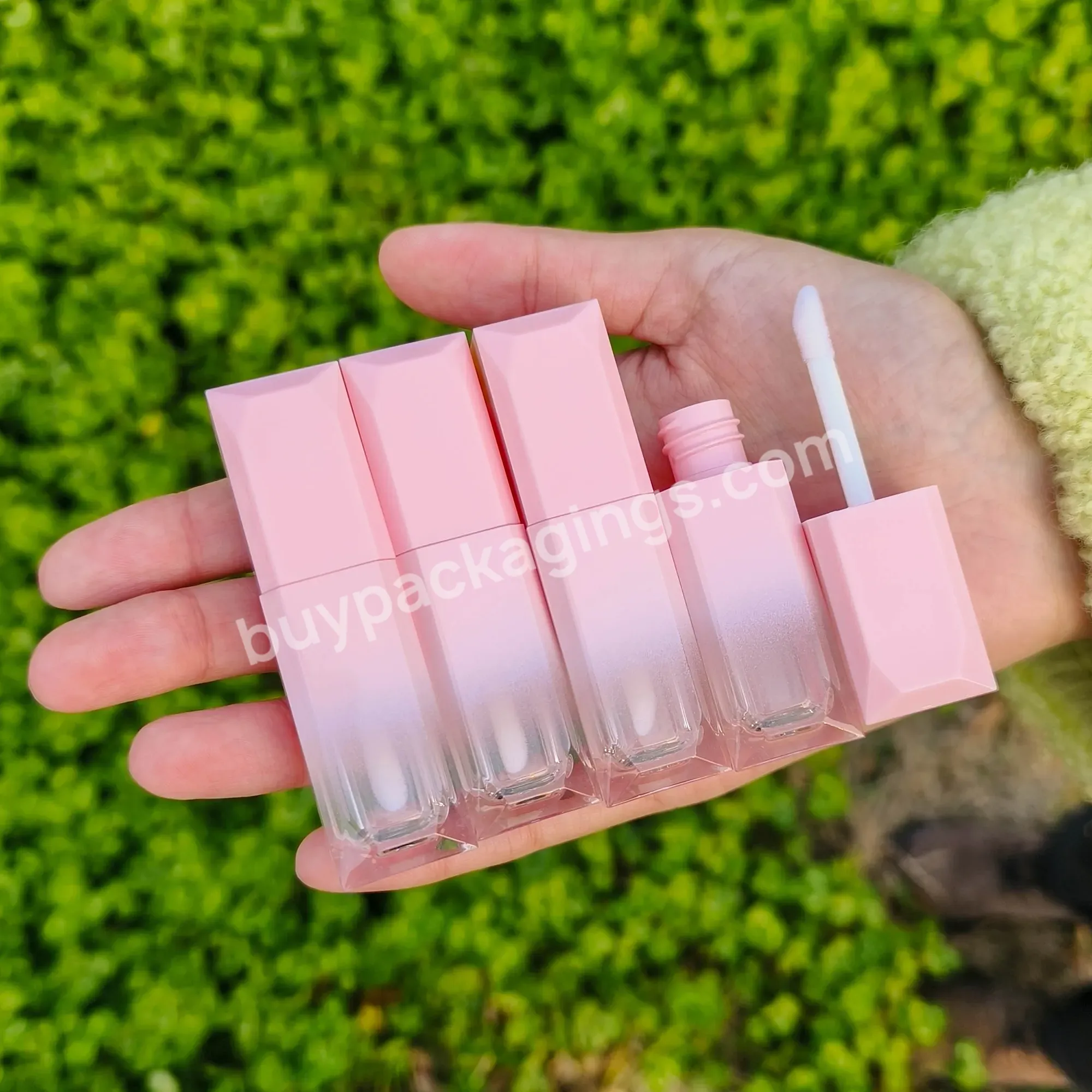 Wholesale Gradient Pink 5ml Square Lip Gloss Tube With Lip Brush Lip Gloss Packaging Container Plastic Tube