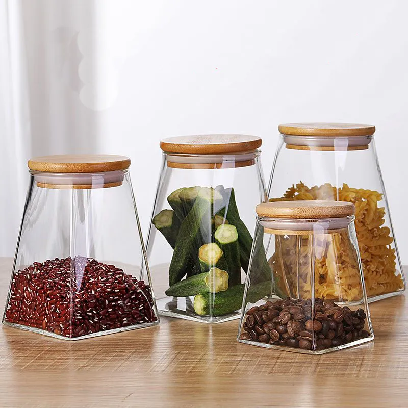 Wholesale High Quality Airtight Kitchen Food Storage Container Glass Spice Jar With Bamboo Lids