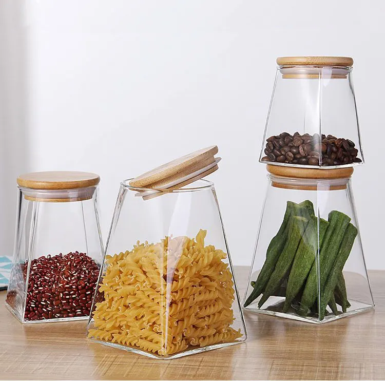 Wholesale High Quality Airtight Kitchen Food Storage Container Glass Spice Jar With Bamboo Lids