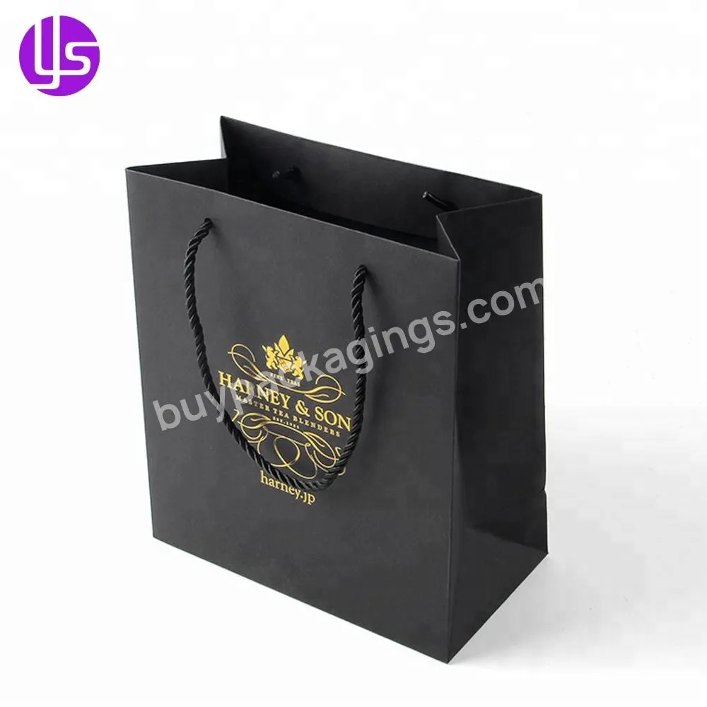 Wholesale High Quality Custom Logo Golden Foil Stamping Small Matt Laminated Black Shopping Gift Paper Bag