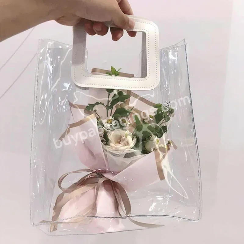 Wholesale Large Size Design Logo Pvc Transparent Plastic Flower Bag Clear Gift Flower Bouquet Bag With Handle
