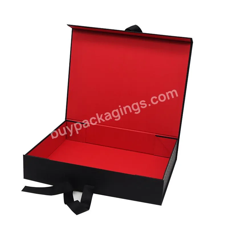Wholesale Luxury Foldable Magnet Clothing Box With Ribbon Black Magnetic Gift Custom Boxes With Logo Packaging For Clothes