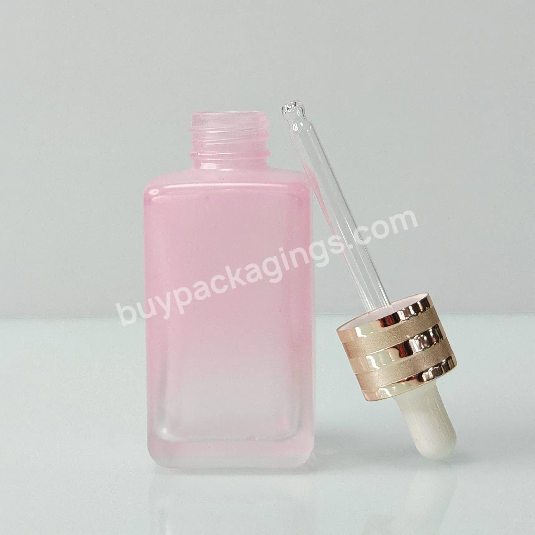 Wholesale Luxury Glass Packaging Skin Care Essential Oil Pink Forested Cosmetic Dropper Bottle With Gold Ring Dropper