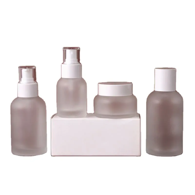 Wholesale Manufacture  Supplier Cream Lotion Skin Care Set  Clear Frosted Cosmetics Packaging Glass Bottle