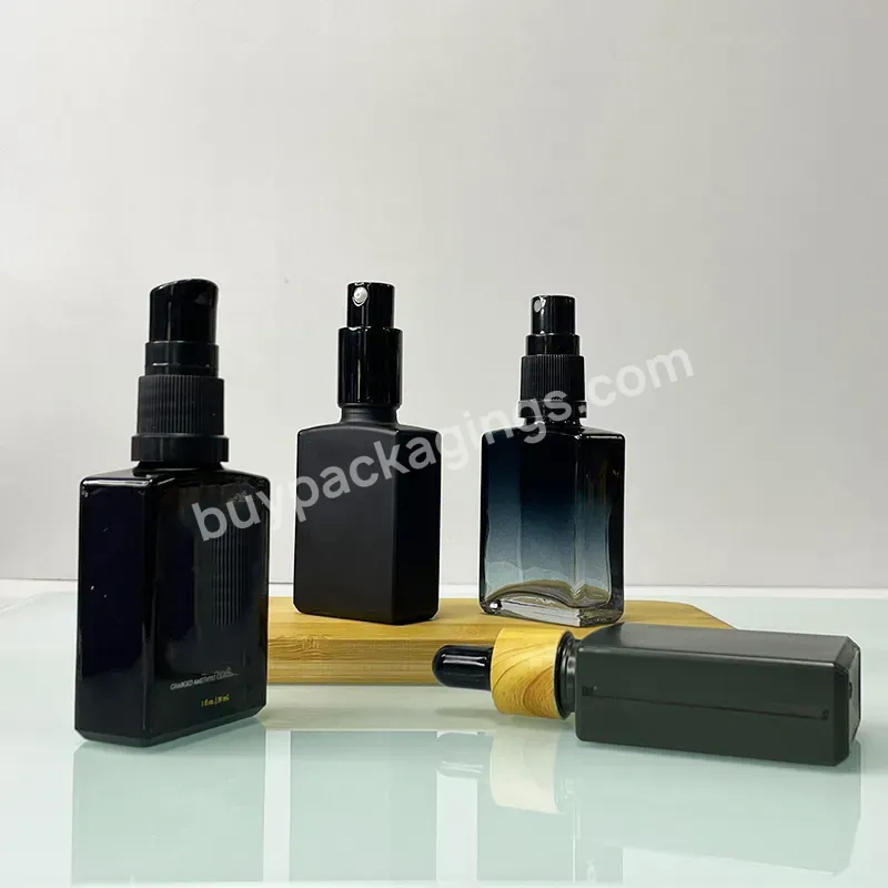 Wholesale Market Popular Empty 30ml Matte Black Square Rectangle Rectangular Glass Dropper Bottles For Cosmetic Essential Oil