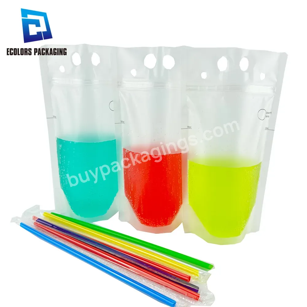 Wholesale Matte Surface Custom Logo Liquid Packaging Plastic Juice Bag 16 Oz Disposable Stand Up Drink Pouch With Straw Hole
