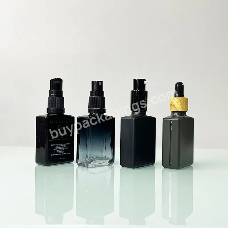 Wholesale New Design Black Frosted Serum Bottle 30ml Skin Lotion Square Rectangle Bottle For Cosmetic Glass Packaging