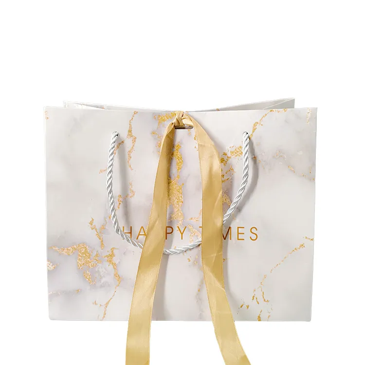 Wholesale  New Design Custom Logo Marble Paper Handbag With Ribbon Recycled Luxury Shopping Bags