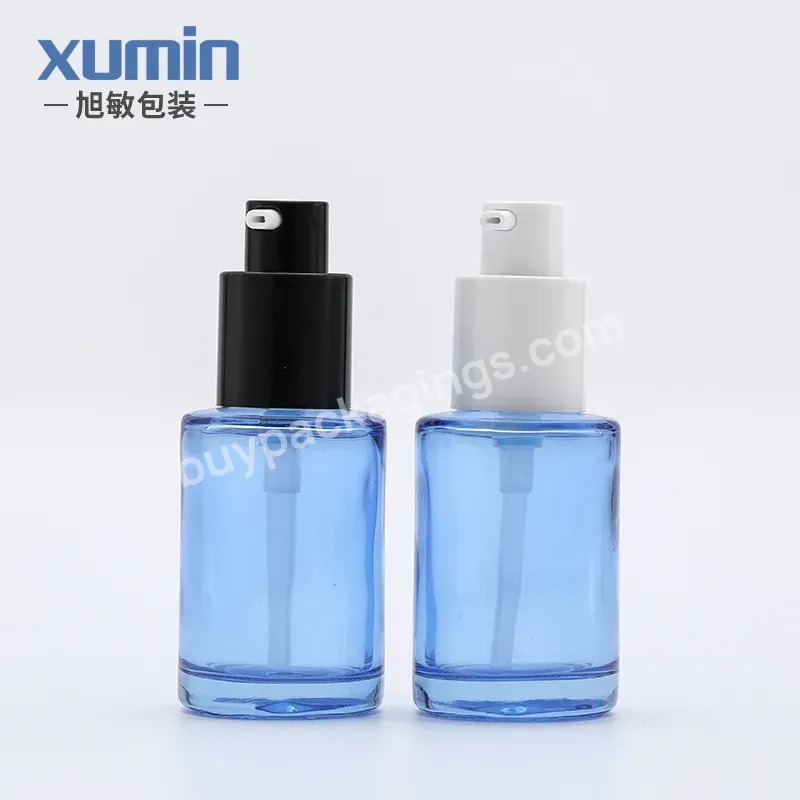 Wholesale New Glass Essence Lotion Pump Bottle 30ml Glass Bottle Pump Round Blue Cosmetic 1oz For Serum Glass Bottle With Pump