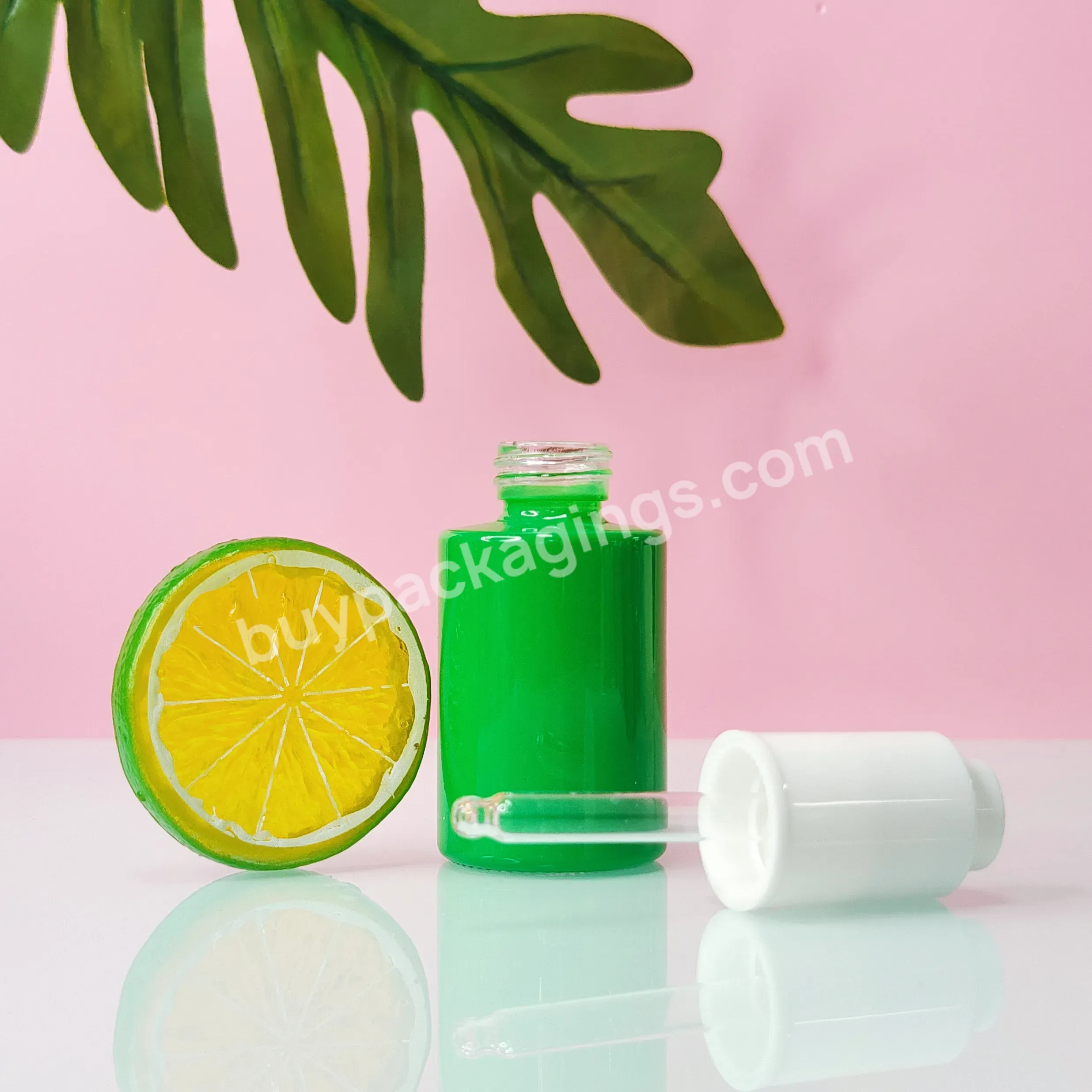 Wholesale Oil Dropper Bottle Green 5ml 15ml 30ml 40ml 50ml Flat Shoulder Round Serum Cosmetic Glass Bottles