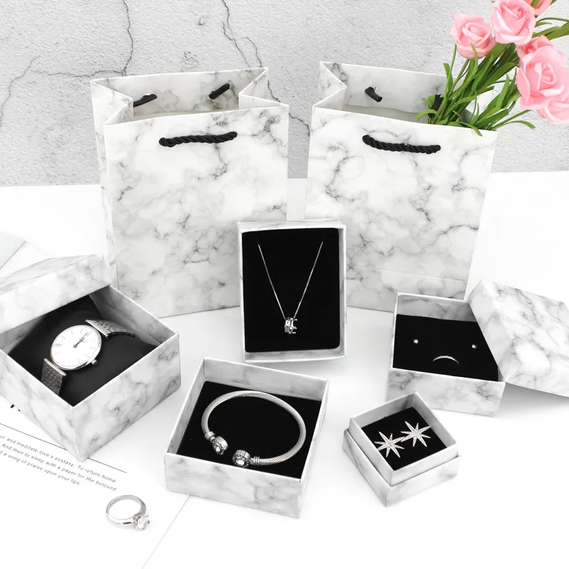 Wholesale Packaging Earrings Ring Necklace Bracelet Brooch Hard Cardboard Marble Jewelry Gift Box With Foam Insert And Pouch