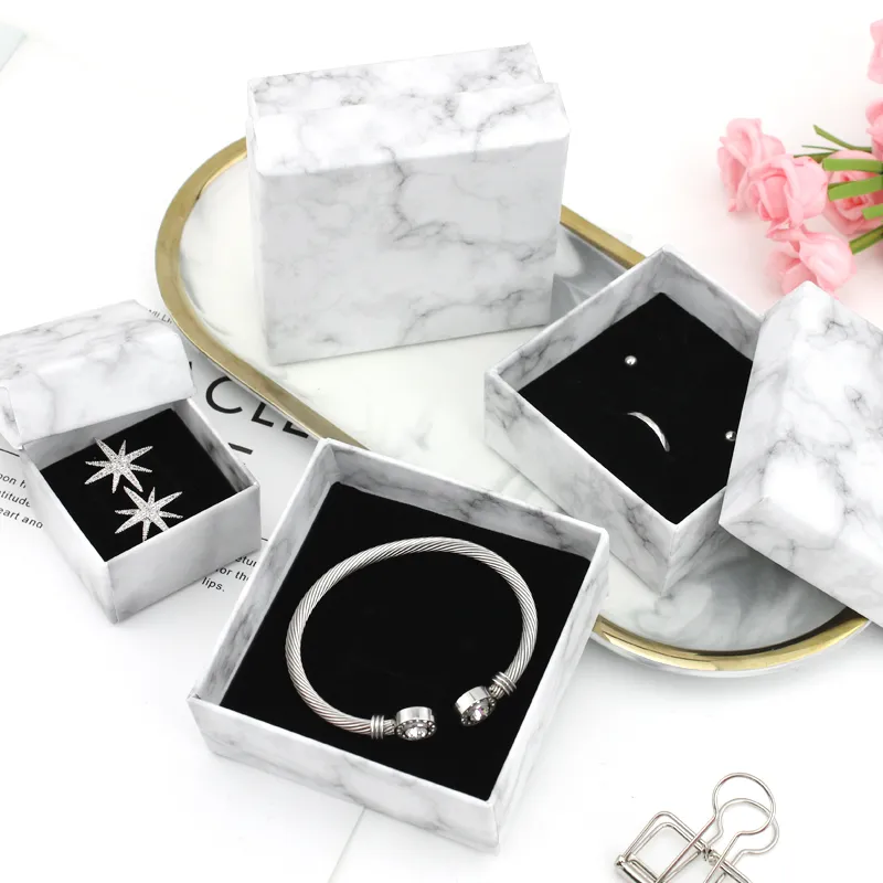 Wholesale Packaging Earrings Ring Necklace Bracelet Brooch Hard Cardboard Marble Jewelry Gift Box With Foam Insert And Pouch