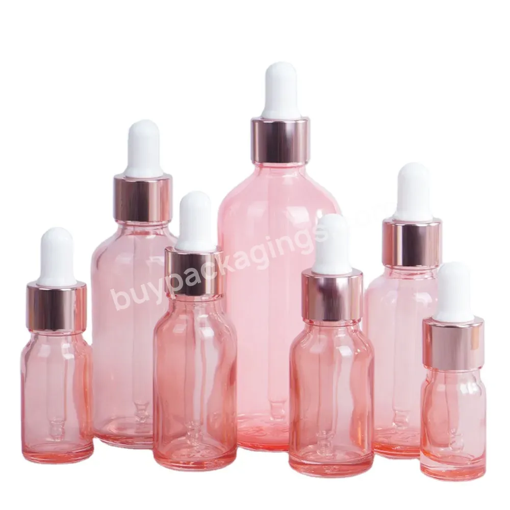 Wholesale Pink Glass Dropper Bottle 5ml 10ml 15ml 20ml 30ml 50ml 100ml Essential Oil Bottles With Rose Gold Ring Cap