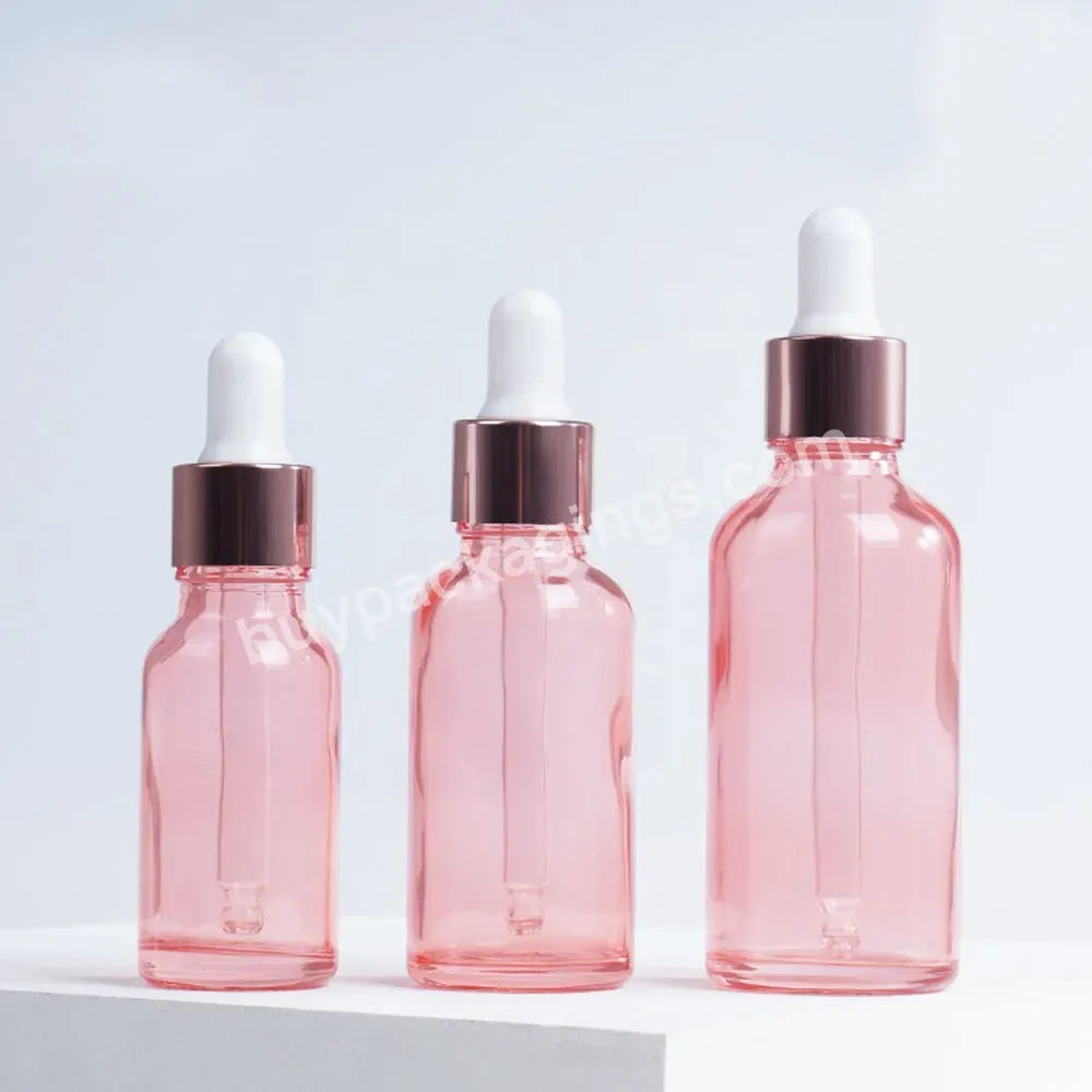 Wholesale Pink Glass Dropper Bottle 5ml 10ml 15ml 20ml 30ml 50ml 100ml Essential Oil Bottles With Rose Gold Ring Cap